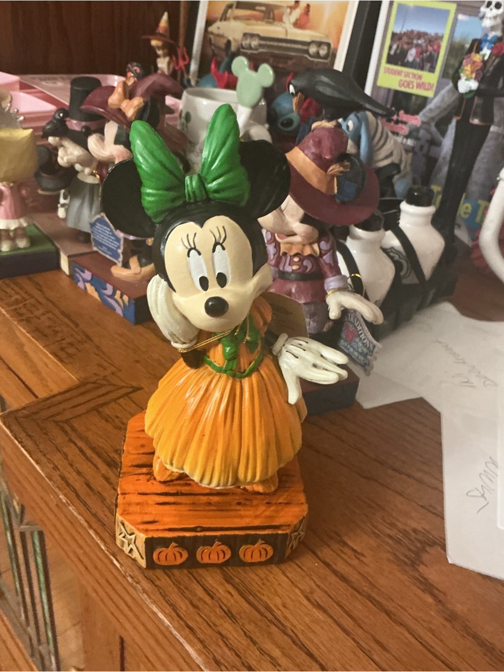Disney Minnie Mouse Halloween Figurine in Orange Dress with Green Bow Disney